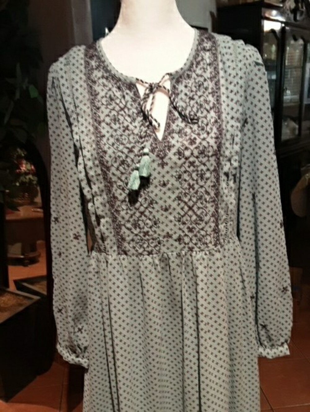 Boho Tie-Neck Long Sleeve Midi Dress in Light Blue - Picture 4 of 9
